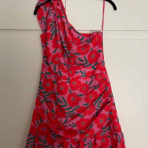 Karavan mini dress with one shoulder, new, pink with red flowers, size M