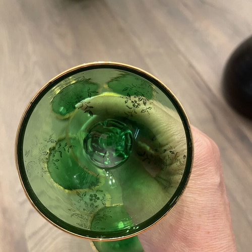 Antique green liqueur glasses with gold decoration, like new