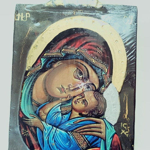 Handmade icon of Virgin Mary with Christ, bright colors, new