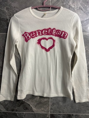 Benetton long sleeve blouse white pink like new