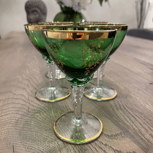 Antique green liqueur glasses with gold decoration, like new