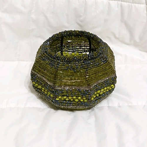Decorative candle holder with beads like new, olive tones