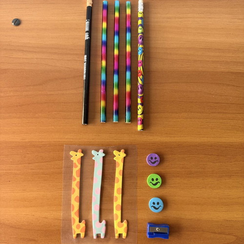 Pencils, erasers, sharpener and bookmarks new set