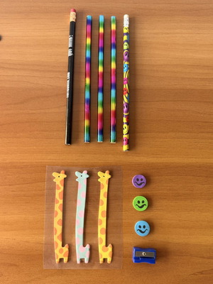 Pencils, erasers, sharpener and bookmarks new set