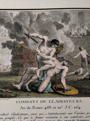 1770 Battle of Gladiators hand-colored chalcography used