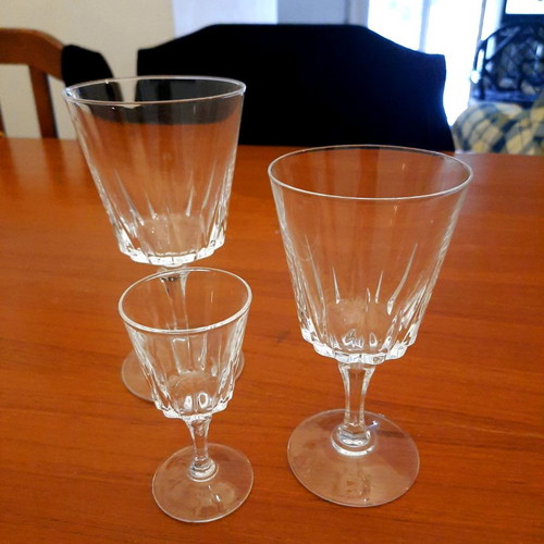 Crystal glassware set used with 11 water glasses, 12 wine glasses, 12 liqueur glasses