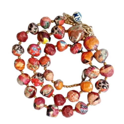 Ethnic red long necklace new handmade paper mache beads