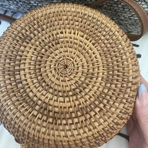 Round Bamboo Rattan Bag with Long Brown Strap