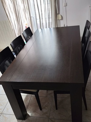 Dining set 100x190 with six chairs wenge solid wood modern design and extension wood like new