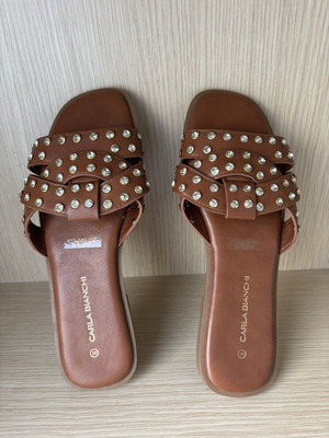 Carla Bianchi flat sandals with studded crisscross straps, brown, size 38