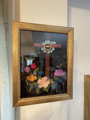 Hand-Embroidered Cross in Frame with Protective Glass, Like New