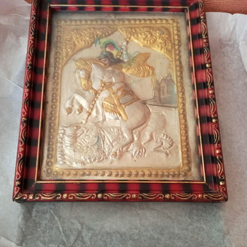 Old Saint George icon used, silver and gold 18x15 cm