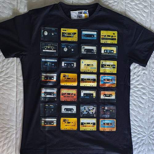 T-shirt with cassette tape print, black, size L XL