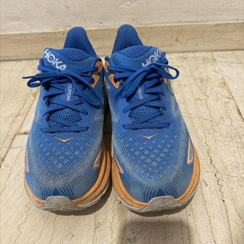 Hoka Clifton 9 running shoes used, size 46 2/3 EU, blue/orange