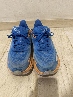 Hoka Clifton 9 running shoes used, size 46 2/3 EU, blue/orange