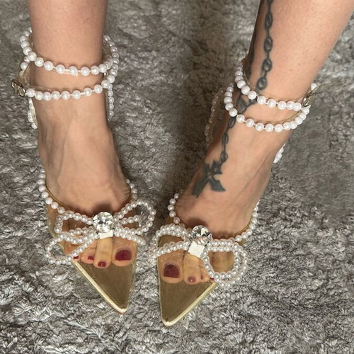 Pearl-embellished pumps new, size 39-39.5, white and beige