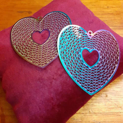Filigree heart charms new, 2 iridescent hanging pieces