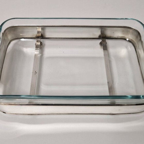 Vintage silver-plated tray with Pyrex used, with base and lid