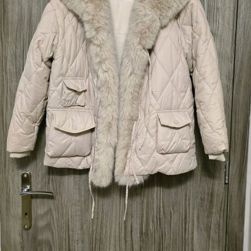 Jacket with eco fur beige like new, large 40/42