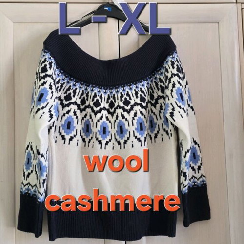 Wool cashmere pullover new, white and blue, size L-XL