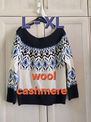 Wool cashmere pullover new, white and blue, size L-XL