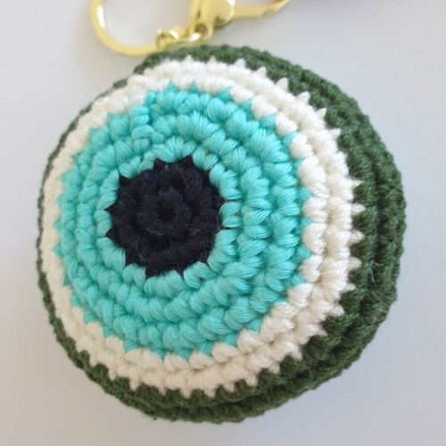 Charm keychain mint eye with olive green crochet handmade, new