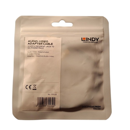 Lindy RCA to AV adaptor cable 27cm 3mm 4 segment jack to 3 phono male