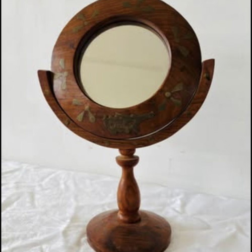 Cypriot wooden and bronze vanity mirror used, 30x20cm, 1980s handmade
