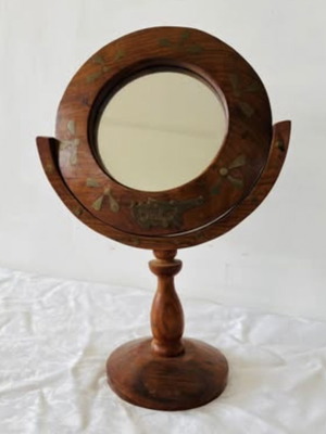 Cypriot wooden and bronze vanity mirror used, 30x20cm, 1980s handmade