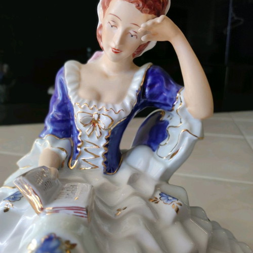 Royal Dux porcelain figure of woman reading book, new