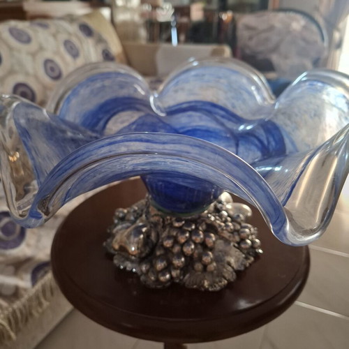 Fruit bowl with blue glass and silver carved fruit base