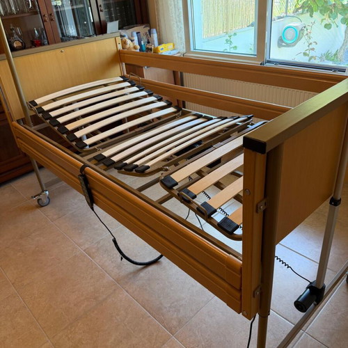 Hospital electric adjustable bed with air mattress, bedside table and wheelchair like new