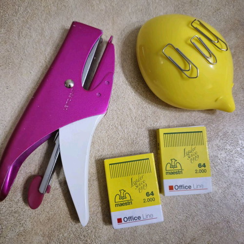 Office set used with Alessi Dozi paperclip holder and Leitz 5547 stapler