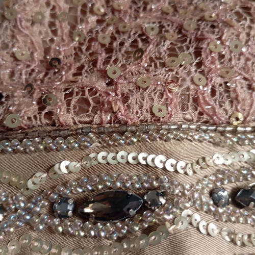 Handmade silk blouse with beads and sequins, S/M, beige, made in France