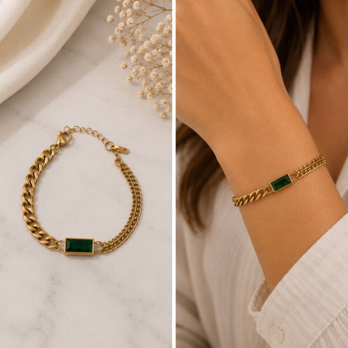 Gold bracelet with green stone and double chain, new