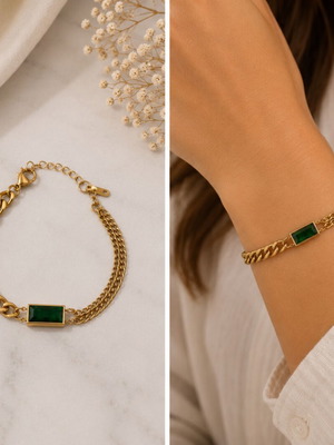 Gold bracelet with green stone and double chain, new