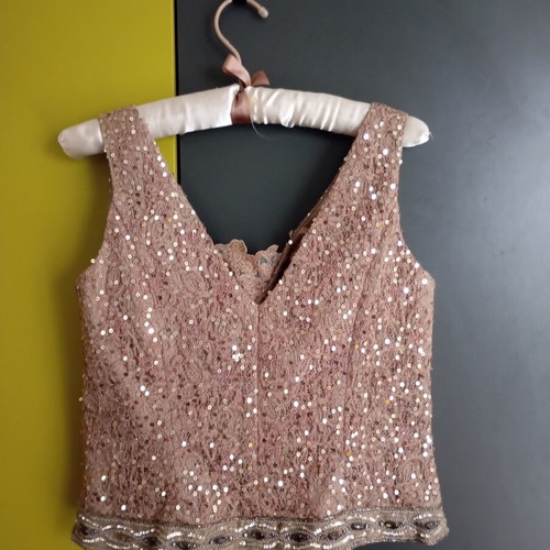 Handmade silk blouse with beads and sequins, S/M, beige, made in France