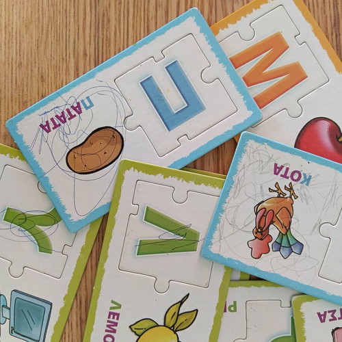 Alphabet puzzle cards used, Greek and English