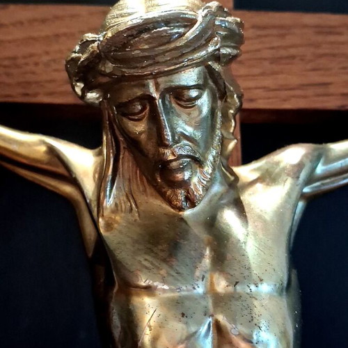 Vintage wall crucifix 60 cm with wooden cross and cast metal body