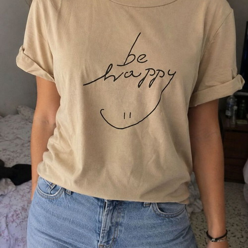 Beige crop top t-shirt "be happy" with ruffled sleeves