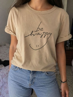 Beige crop top t-shirt "be happy" with ruffled sleeves