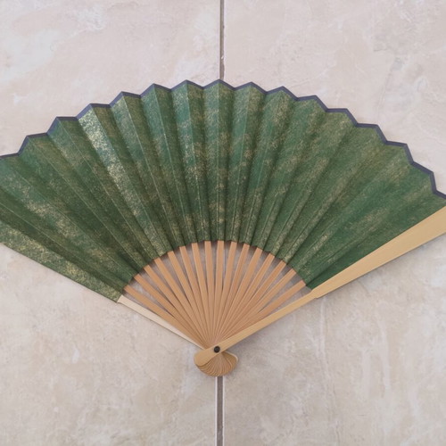 Traditional Handmade Asian Fan with Bamboo ribs and golden-green paper