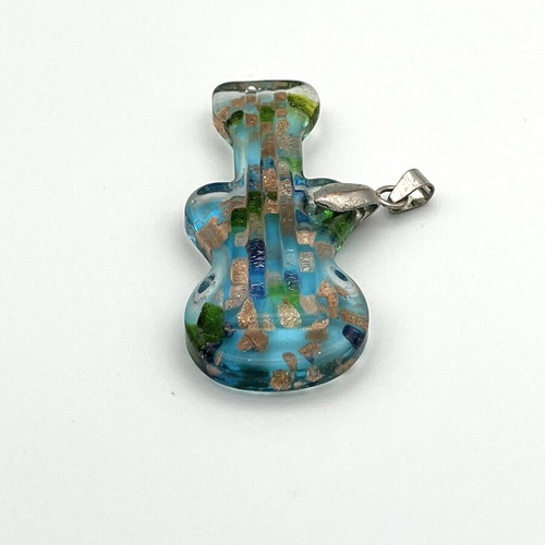 Handmade Murano fused glass guitar pendant, turquoise green gold