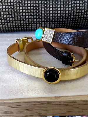 Set of two natural leather straps, gold and brown