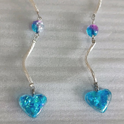 Heart earrings new handmade with resin and natural stone blue pink