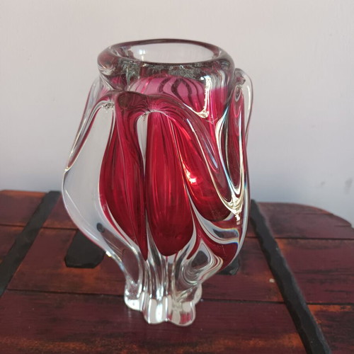 Czech crystal glass vase vintage, used, 1970s pink