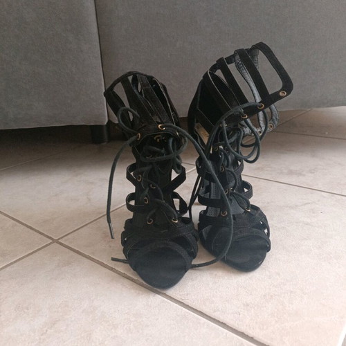 GoGo Shoes black heels new with laces and suede texture