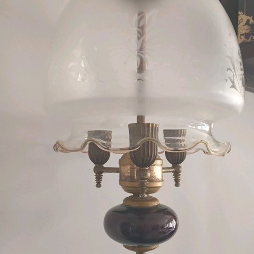 Vintage ceiling light used, 60s antique, wood, bronze and glass