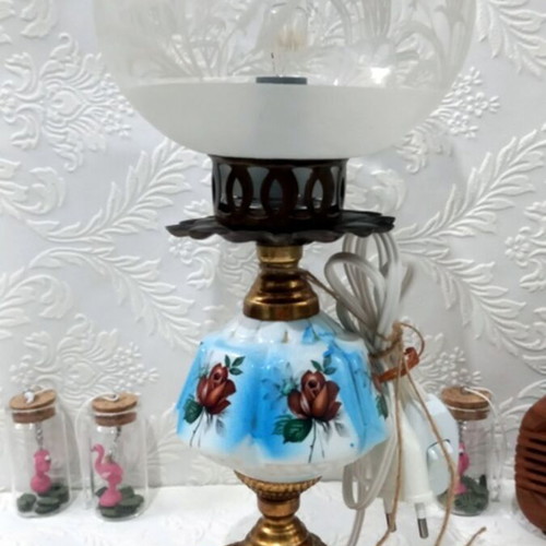 Vintage table lamp with glass chimney and carved brass base used