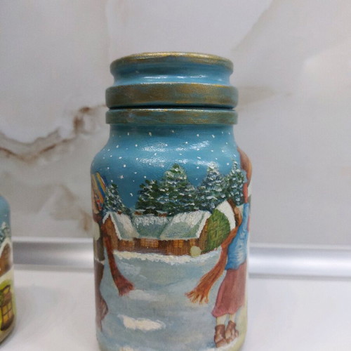 Handmade decorative glass vases with decoupage and acrylic paint